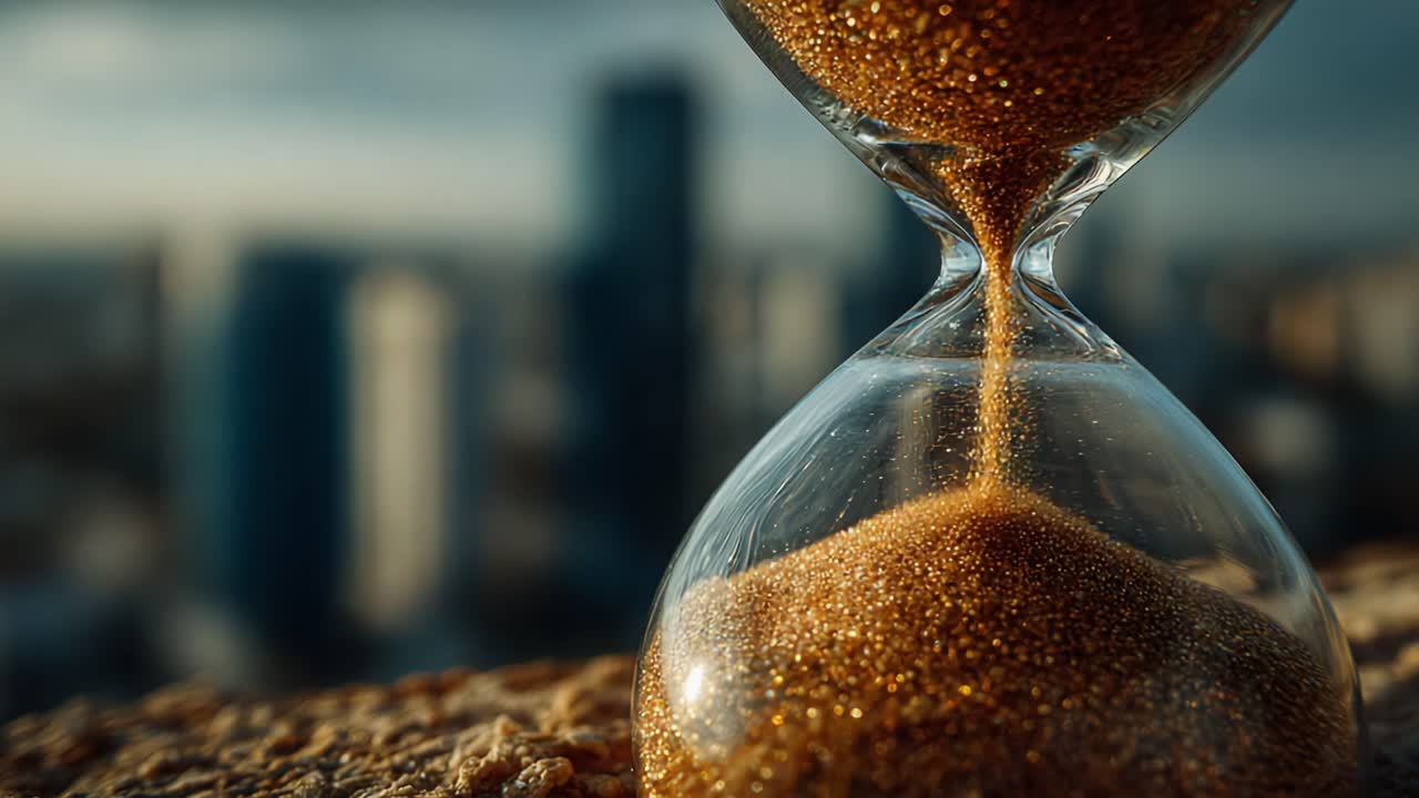 A Captivating Hourglass Captures the Essence of Time, With Golden Sands Flowing, Against a Blurred Urban Landscape in the Background, Emphasizing Transience and Reflection