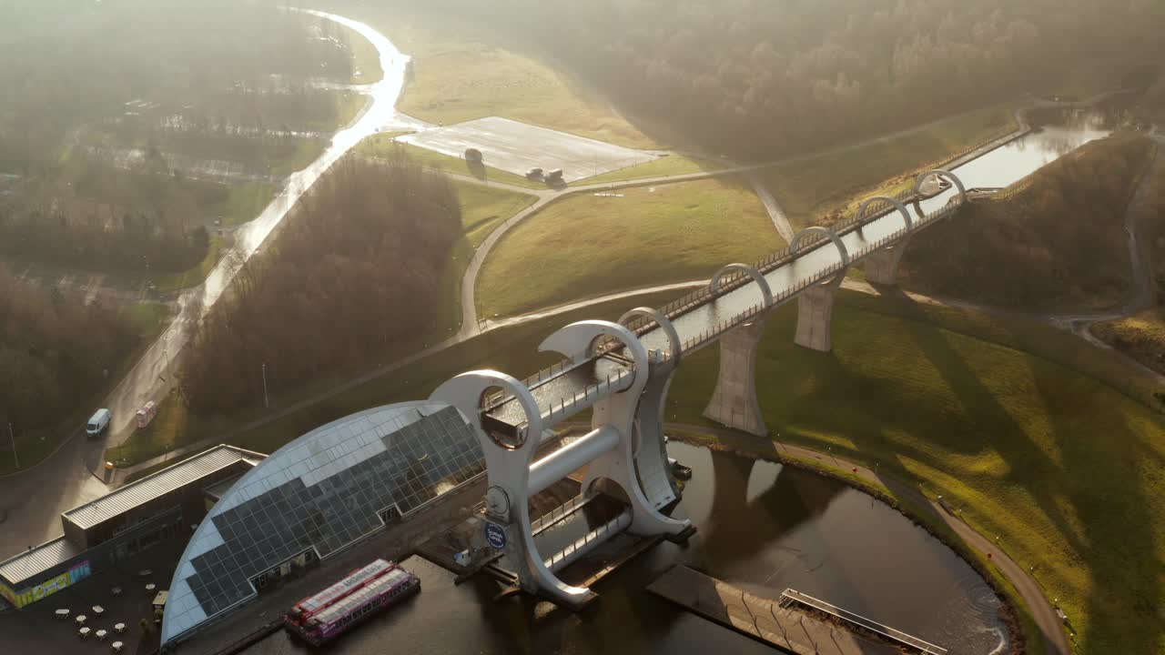 A drone reveal shot of the Falkrik Wheel in Scotland