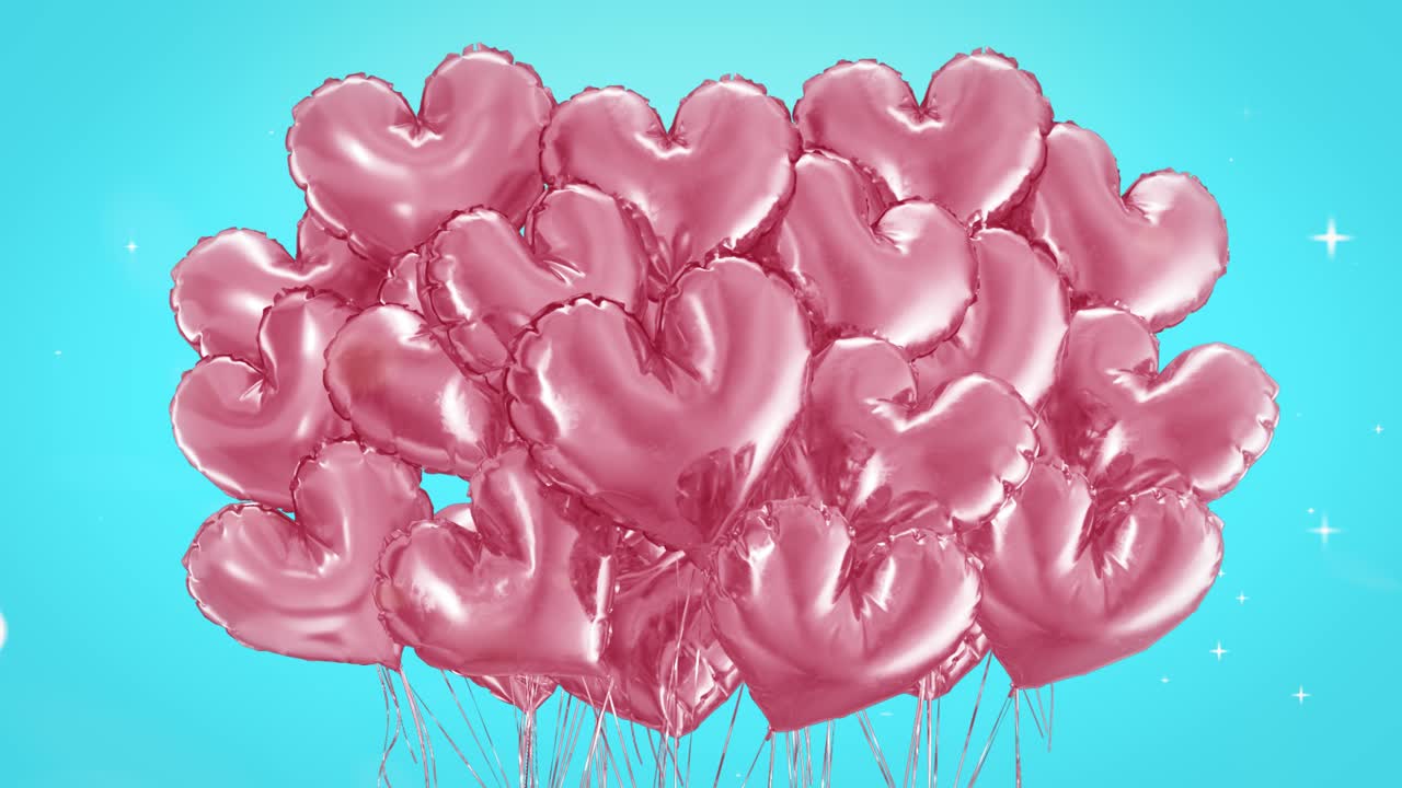 Manojo de bolas de corazones sobre un fondo azul
