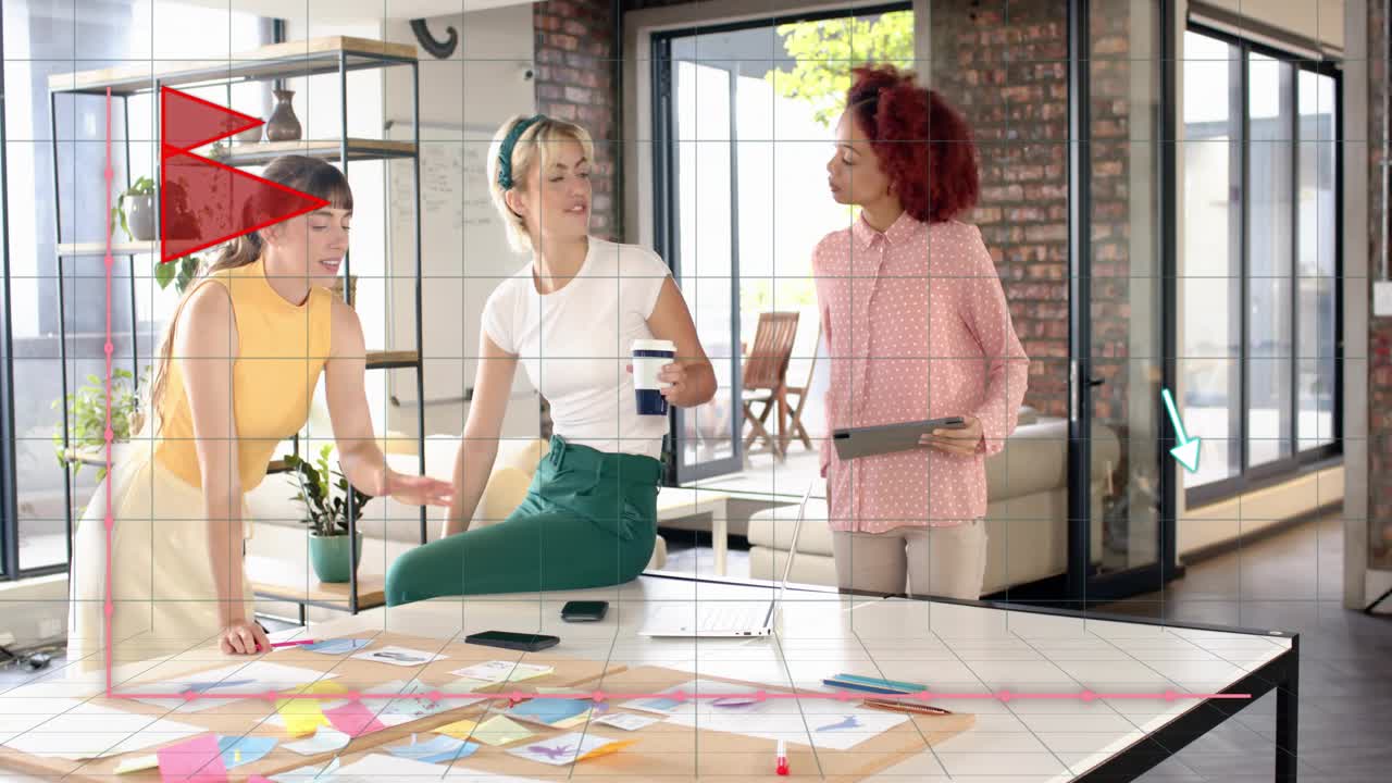 Cyan line chart overlaying, three women sorting notes and gesturing with tablet, planning marketing