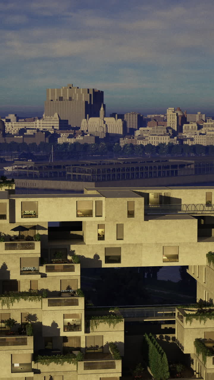 Modern architecture features unique design in urban landscape at sunset