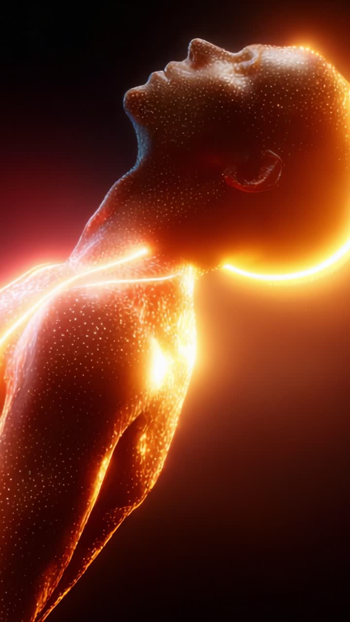 Una transformación dinámica: capturando la belleza etérea de una silueta humana iluminada por luz y energía vibrantes en una impresionante experiencia de arte visual.