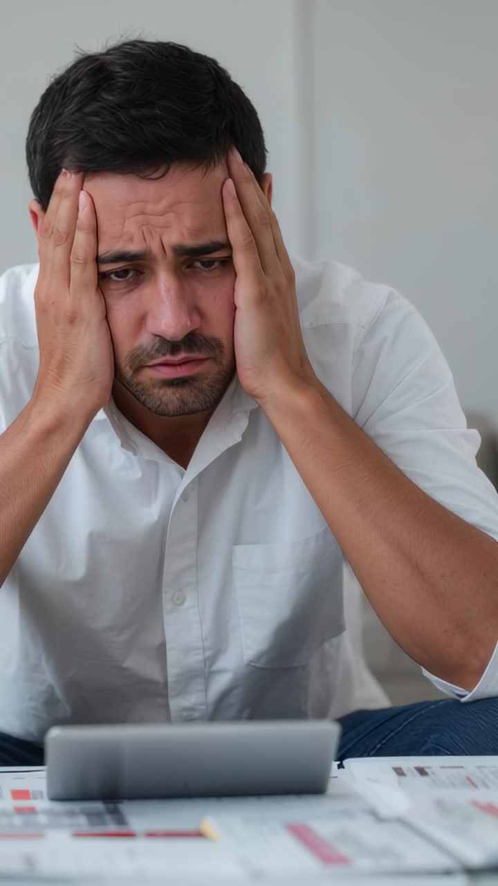 Vertical video: Reviewing tablet and charts at home, man in white shirt pressing temples, fatigued