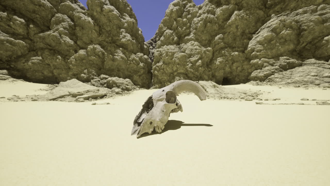 Paesaggio desertico unico con un teschio di animale appoggiato sulla sabbia