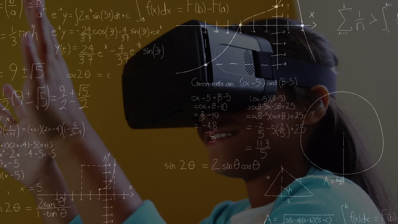 Animation of mathematical equations over schoolgirl wearing vr headset