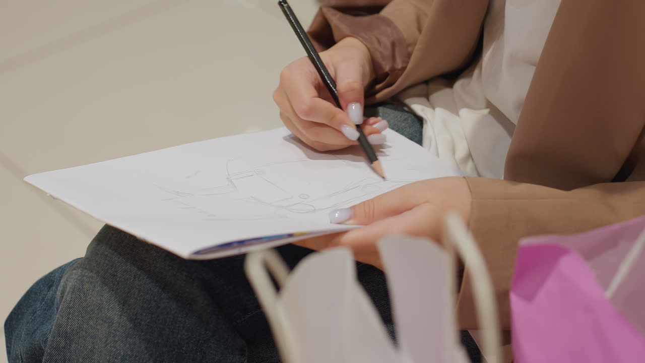 seated artist sketches trendy designs, close view of individual drawing style sketches on paper, artist seated on mall bench produces fashion concept sketches with shopping bags nearby
