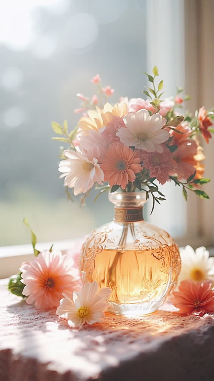 Bellissima composizione floreale in una bottiglia di profumo vintage