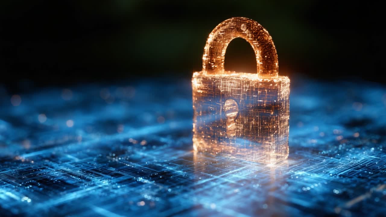 A Stunning Representation of Digital Security: Glowing Lock Icon Set Against a High-Tech Background, Symbolizing Data Protection and Cyber Safety
