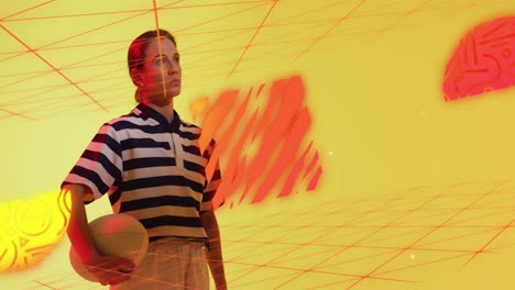 holding ball, person in striped shirt with animation of geometric patterns behind
