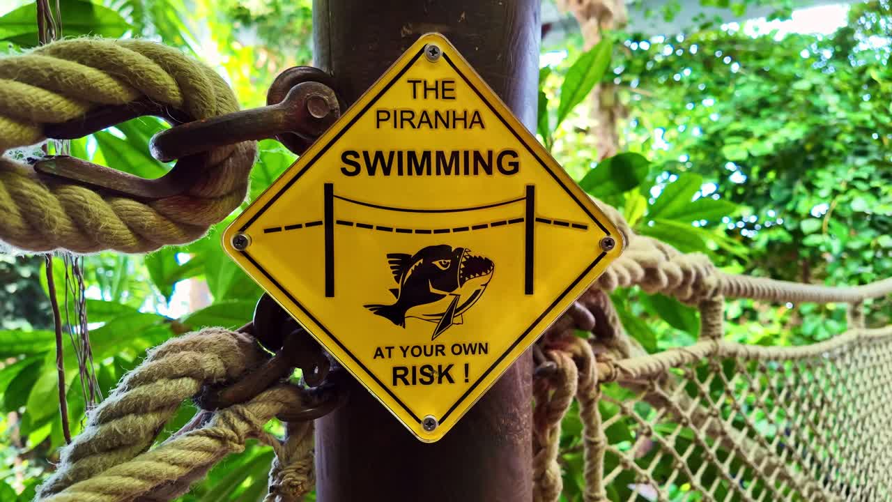 Warning piranha sign with yellow background in jungle style roped bridge setting near the monumental La Rochelle Aquarium, La Rochelle, France