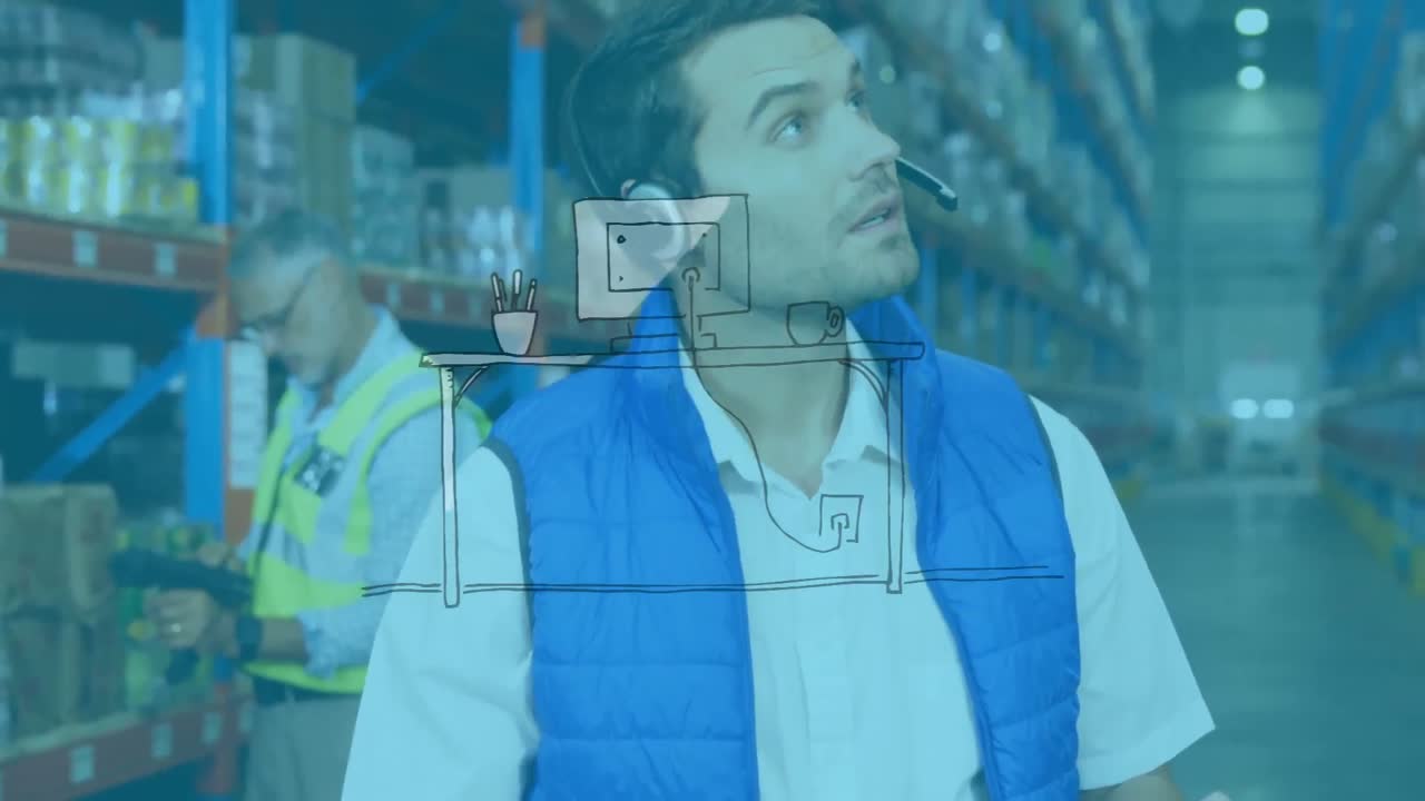 Animazione di un ufficio su lavoratori maschi caucasici in magazzino