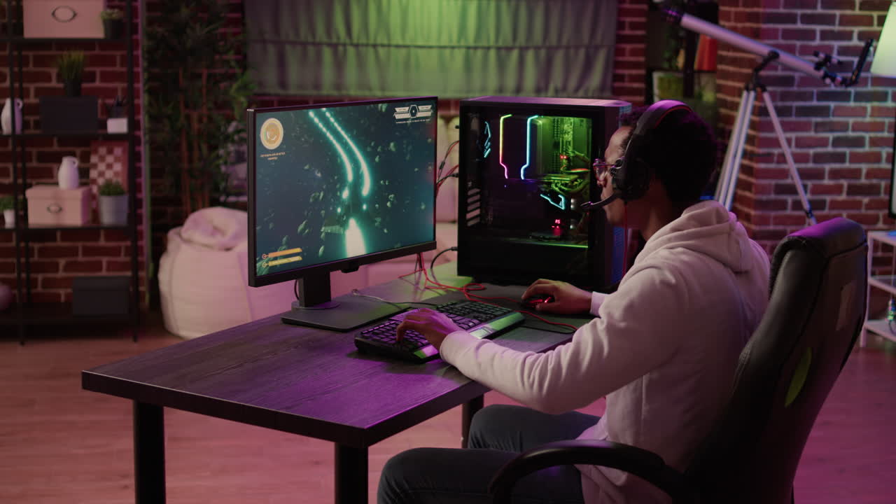 Gamer feeling unhappy after losing difficult level in online space shooter on gaming pc