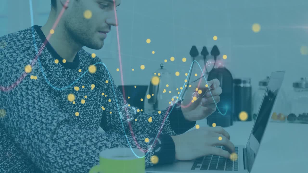 animación de la red de conexiones con iconos sobre el hombre caucásico usando computadora portátil