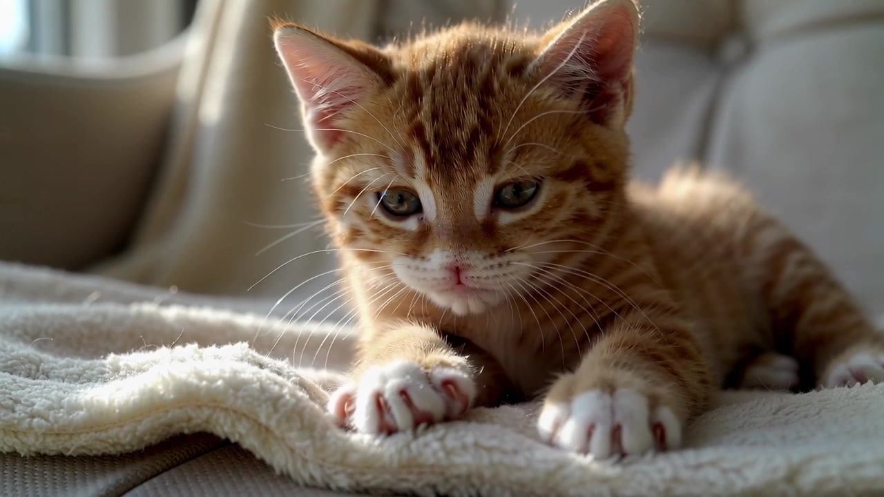 Pata tremendo, gatinho ruivo levantando e batendo a pata no sofá bege perto da janela, cobertor de lã creme