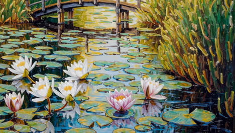 impressionistic painting of water lilies and bridge