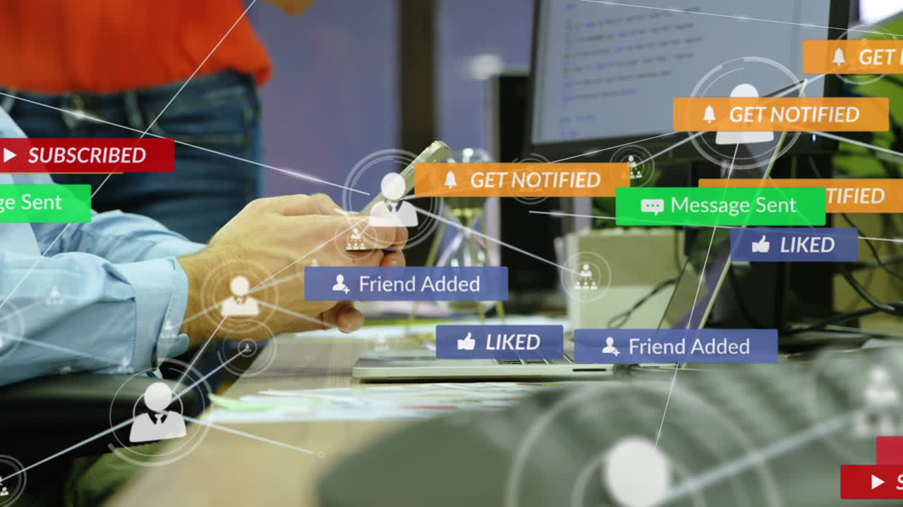 사무실에서 드폰을 사용하는 백인 사업가에 대한 알림과 함께 연결된 아이콘의 애니메이션