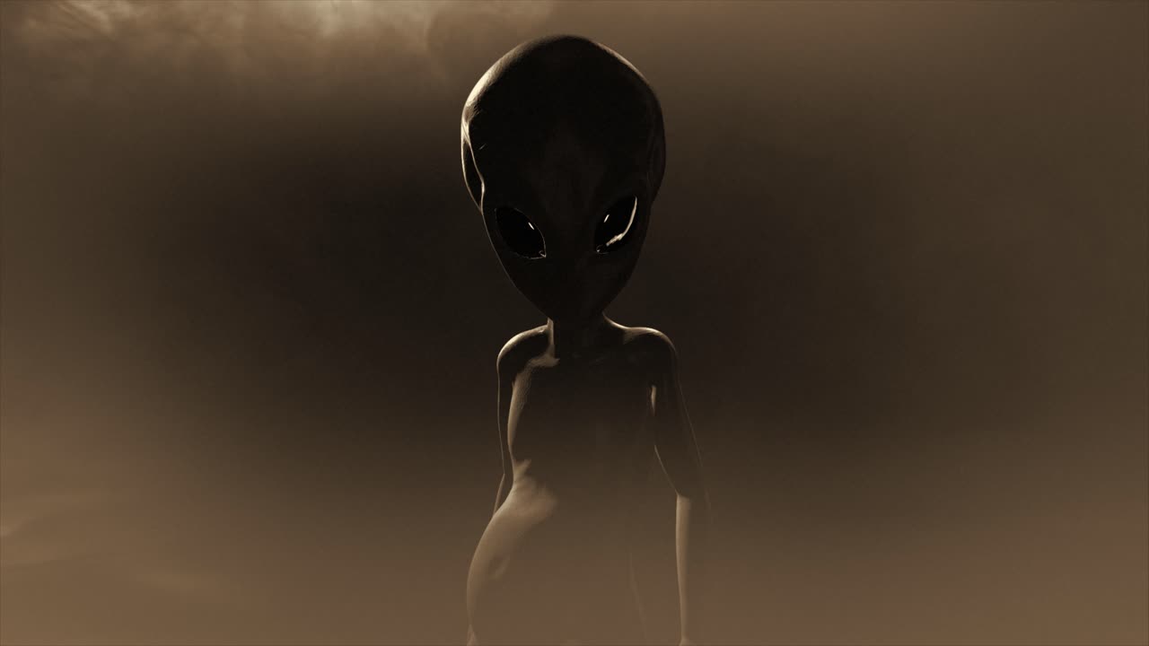 3D CGI push-in shot of a classic, shiny-skinned Roswell grey alien looking eeire and menacing, in an ominous swirling cloud of mist, with grey and sepia color tint