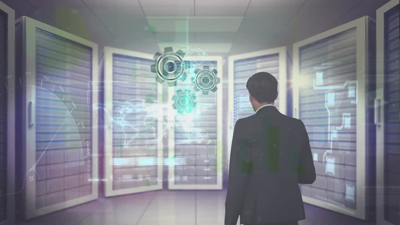 animación de un hombre de negocios en la oficina utilizando una interfaz con iconos y procesamiento de datos