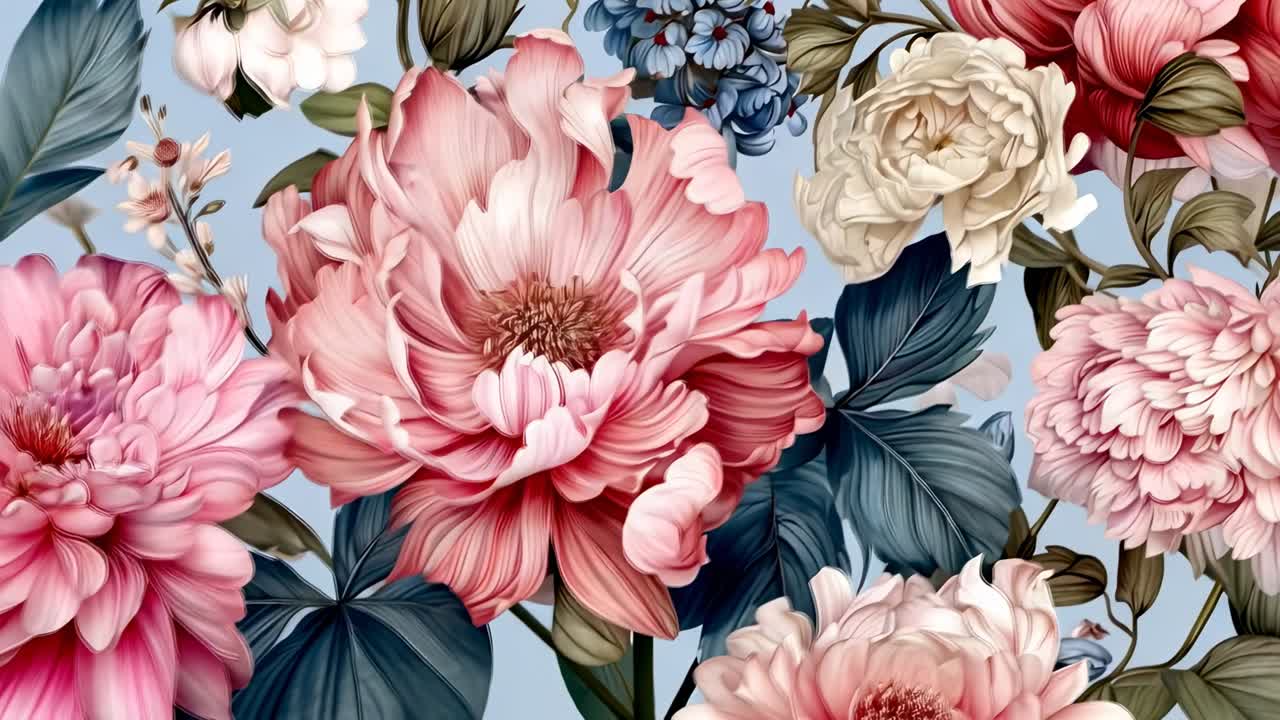 Illustrazione floreale vivace con un'angolazione ravvicinata, che mostra petali e foglie dettagliati