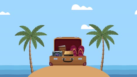 suitcase and travel icons on the beach