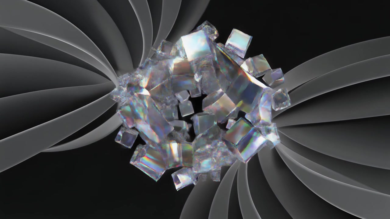 Abstract Animation of Crystal Cube Exploding into Fragments