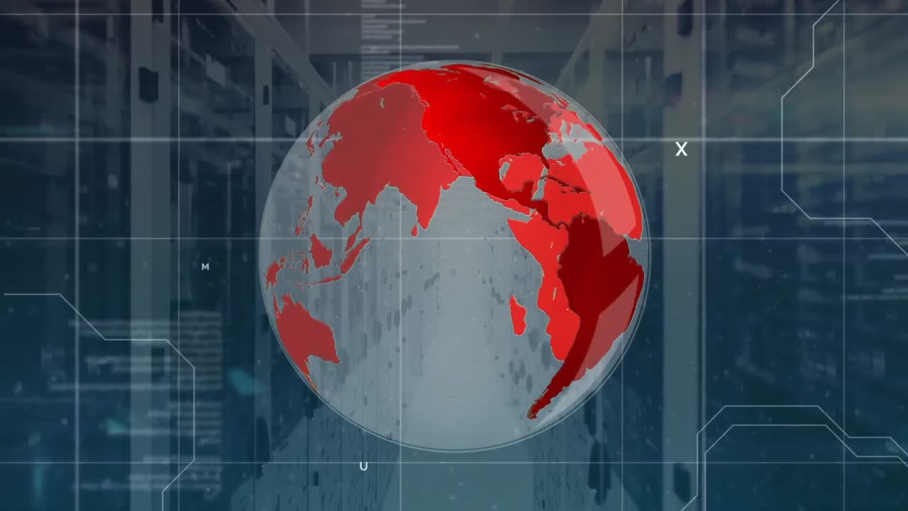 Animation of interface with spinning globe and data processing against computer server room
