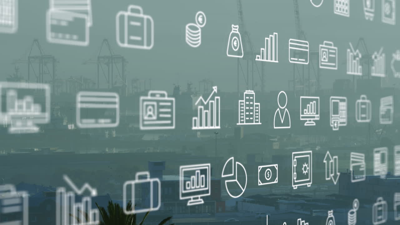 animación de iconos y procesamiento de datos sobre el paisaje urbano