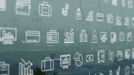 animation of icons and data processing over cityscape