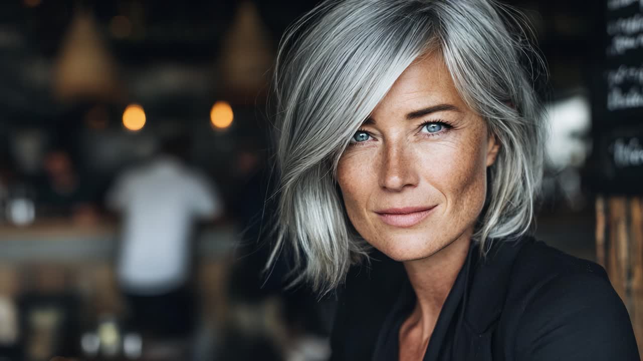 Elegant Woman with Silver Hair Captured in a Cozy Café Setting, Exuding Confidence, Charm, and Natural Beauty through Her Genuine Smile and Vibrant Eyes