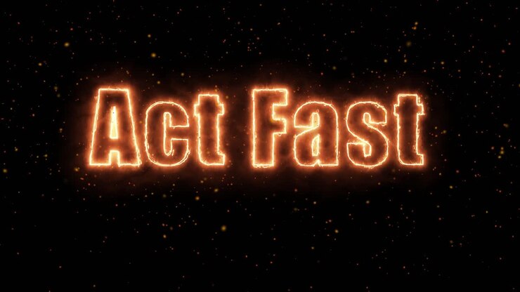Testo animato arancione al neon con la scritta Act Fast che si illumina su uno sfondo scuro con particelle fluttuanti