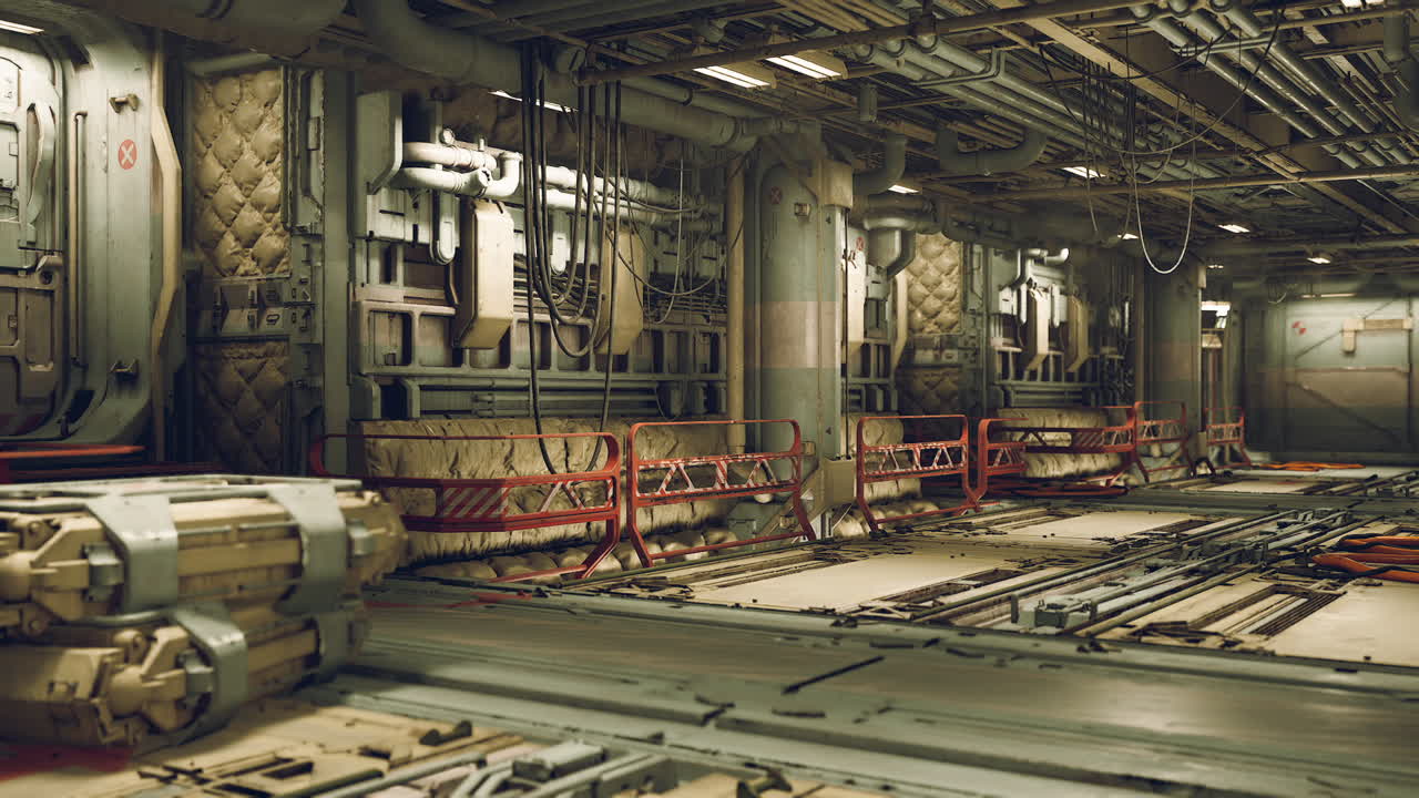 Interno industriale futuristico con macchinari complessi e texture.