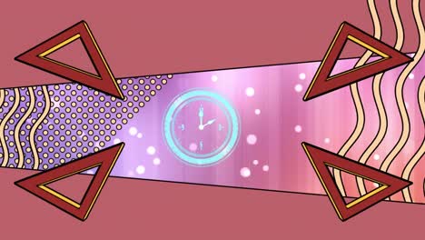 Animation-of-clock,-with-triangles,-wavy-lines-and-light-spots,-over-pink-and-purple-light-beams