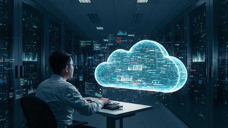A Data Scientist Analyzing Cloud Computing Visualizations in a Modern Server Room While Interacting with Advanced Technology Interfaces
