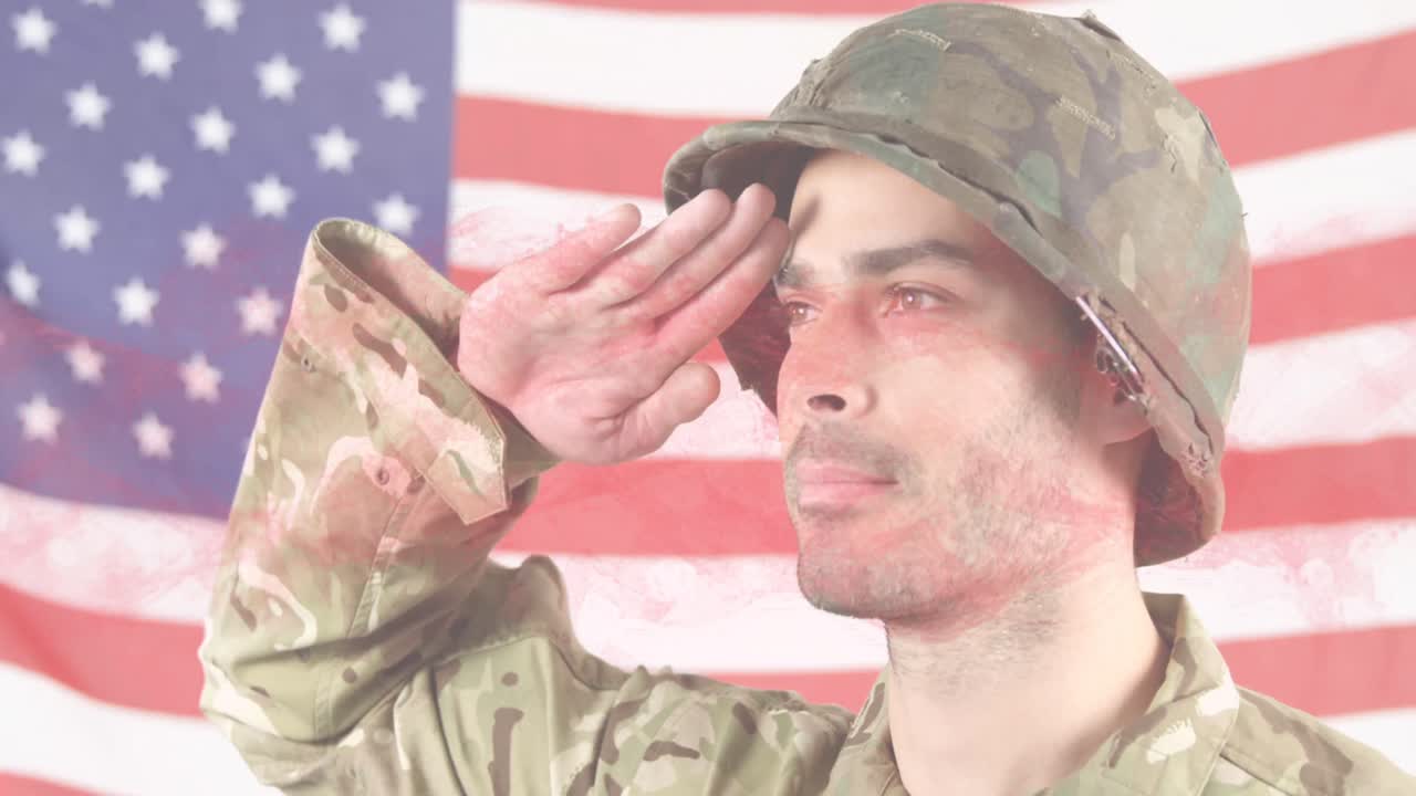 animación de cadena de adn sobre soldado caucásico masculino y bandera de los ee.uu.