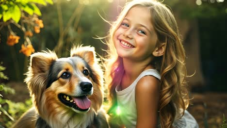 young girl happily poses with a dog in a garden during sunlight hours