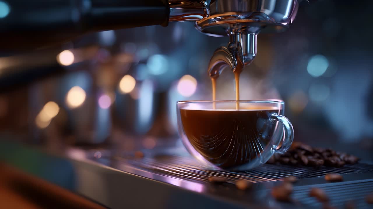 Primo piano di un espresso appena fatto versato in una tazza di vetro, che mette in mostra la ricca crema e l'arte della preparazione del caffè in un vivace bar