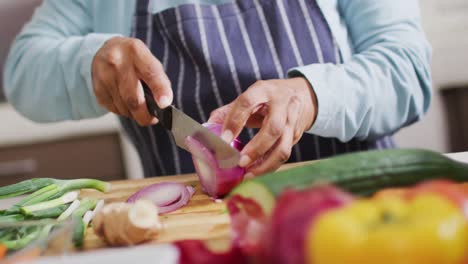 mid section of asian senior woman chopping onions in the kitchen at home