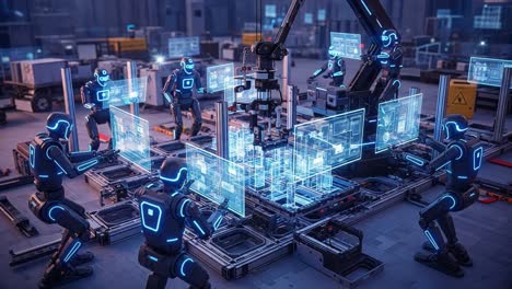 advanced robotics in action: a highly automated production line with multiple robots analyzing and assembling high-tech components and data visualizations