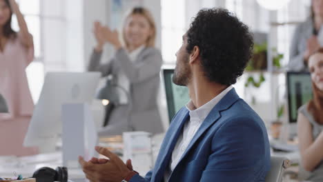 happy business people celebrating successful victory businessman clapping enjoying success in diverse office celebration enjoying teamwork