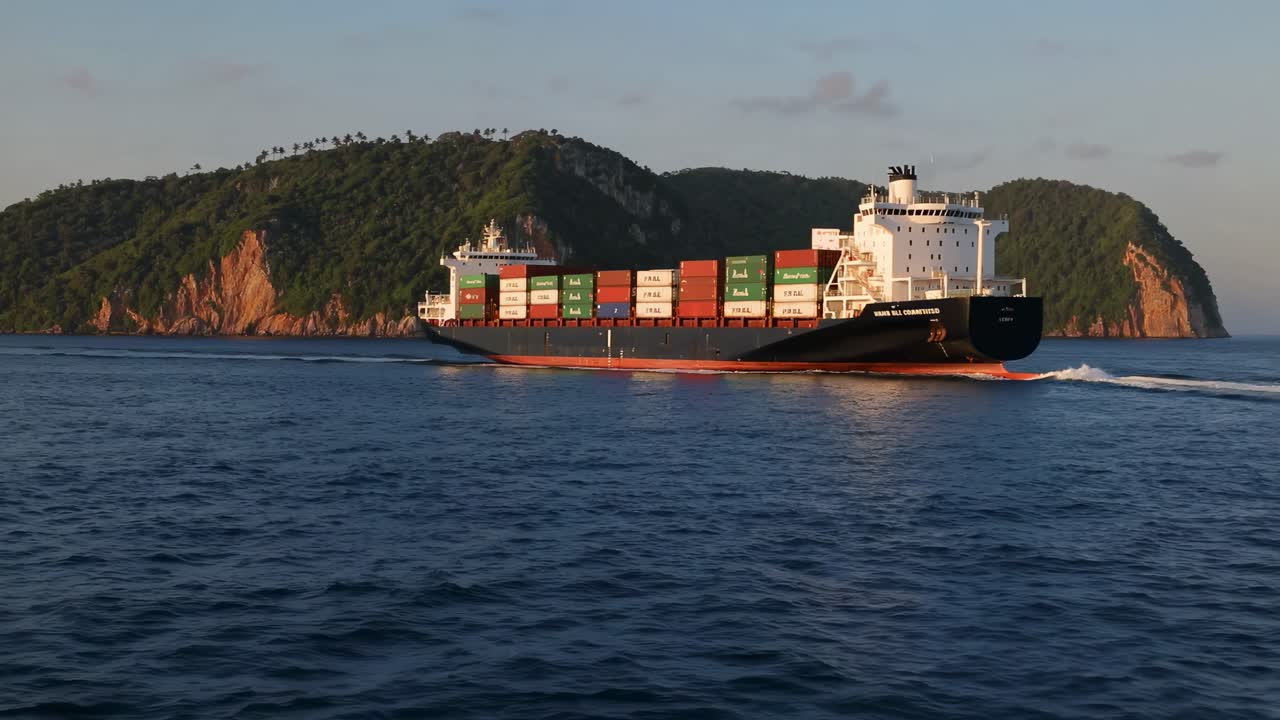Container Ship Sailing Past Islands