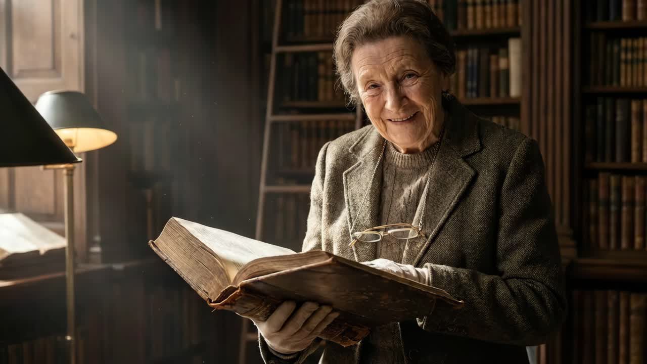 Anziana signora che legge un libro antico in una biblioteca
