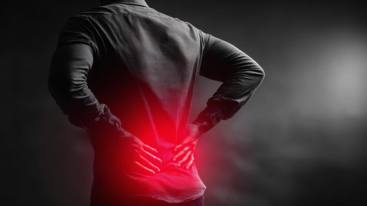 A Man Experiencing Acute Back Pain, Gripping His Lower Back with Visible Discomfort, Under Dramatic Lighting Highlighting the Area of Suffering