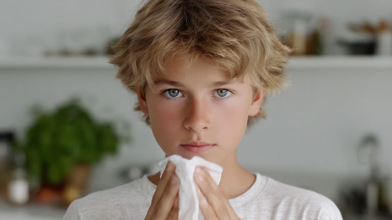 A Young Boy's Transition from Suffering to Calmness: Capturing the Moment of Relief After Dealing with Allergies or a Cold