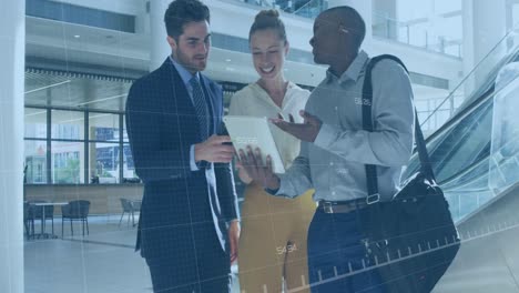 animation of financial data and graphs over happy diverse businesspeople talking