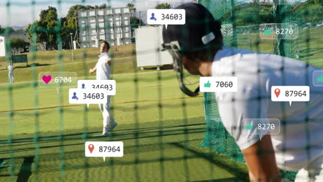 cricket players practicing with social media interaction animation over scene