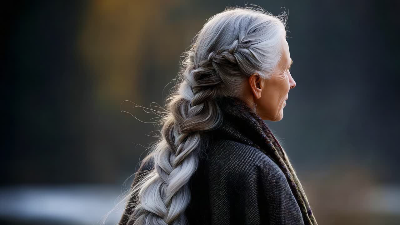 A serene portrait of an elegant elderly woman with long, beautifully braided gray hair, showcasing her timeless beauty and wisdom in a natural setting, reflecting tranquility and grace