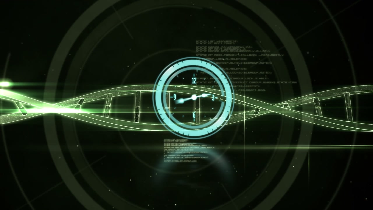 Animation of digital clock over dna helix and computer language against abstract background