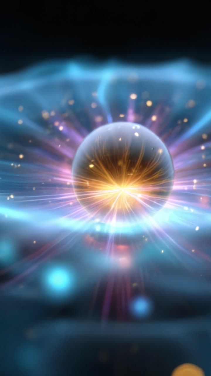 Una visualizzazione mozzafiato di una sfera centrale circondata da onde energetiche e particelle di luce che emanano da una sorgente luminosa con colori vivaci e movimento dinamico.
