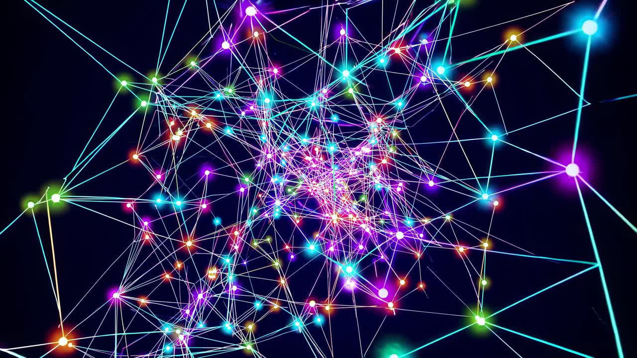 Dynamic network of colorful, glowing nodes and lines, viewed from a high-angle perspective