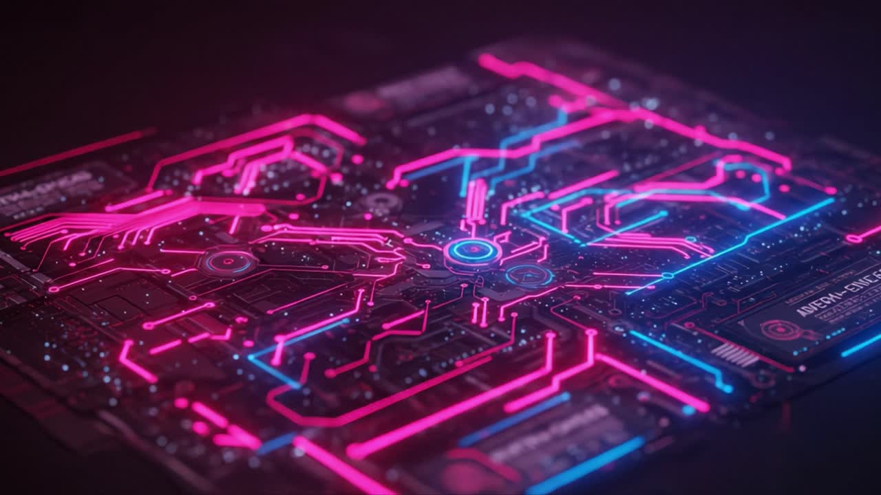 A futuristic digital interface showcasing vibrant neon circuitry with intricate patterns and glowing lines, representing advanced technology and network connections